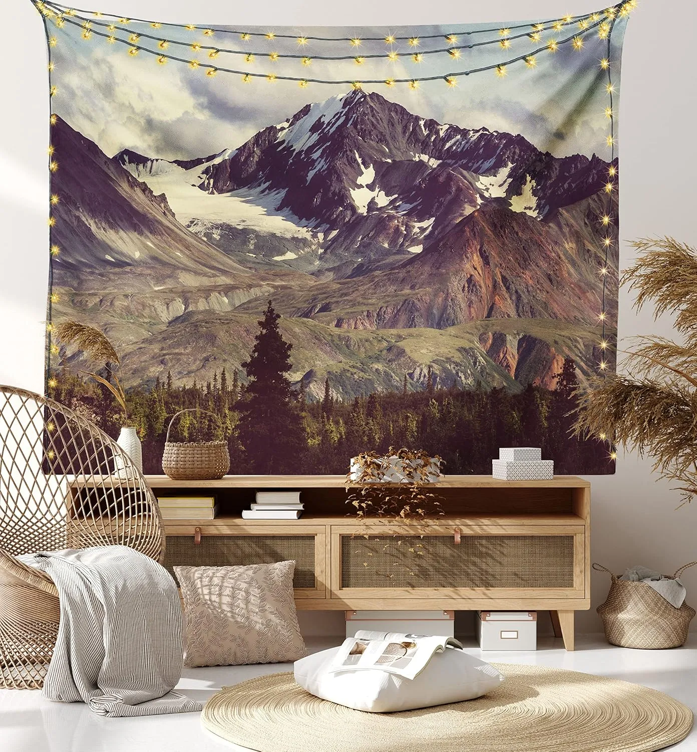 Ambesonne Alaska Mountains Tapestry King Size, Arctic Landscape Hiking Alaska Mountains Scenery in Usa Wilderness, Wall Hanging Bedspread Bed Cover Wall Decor, 104" X 88", Green Black White