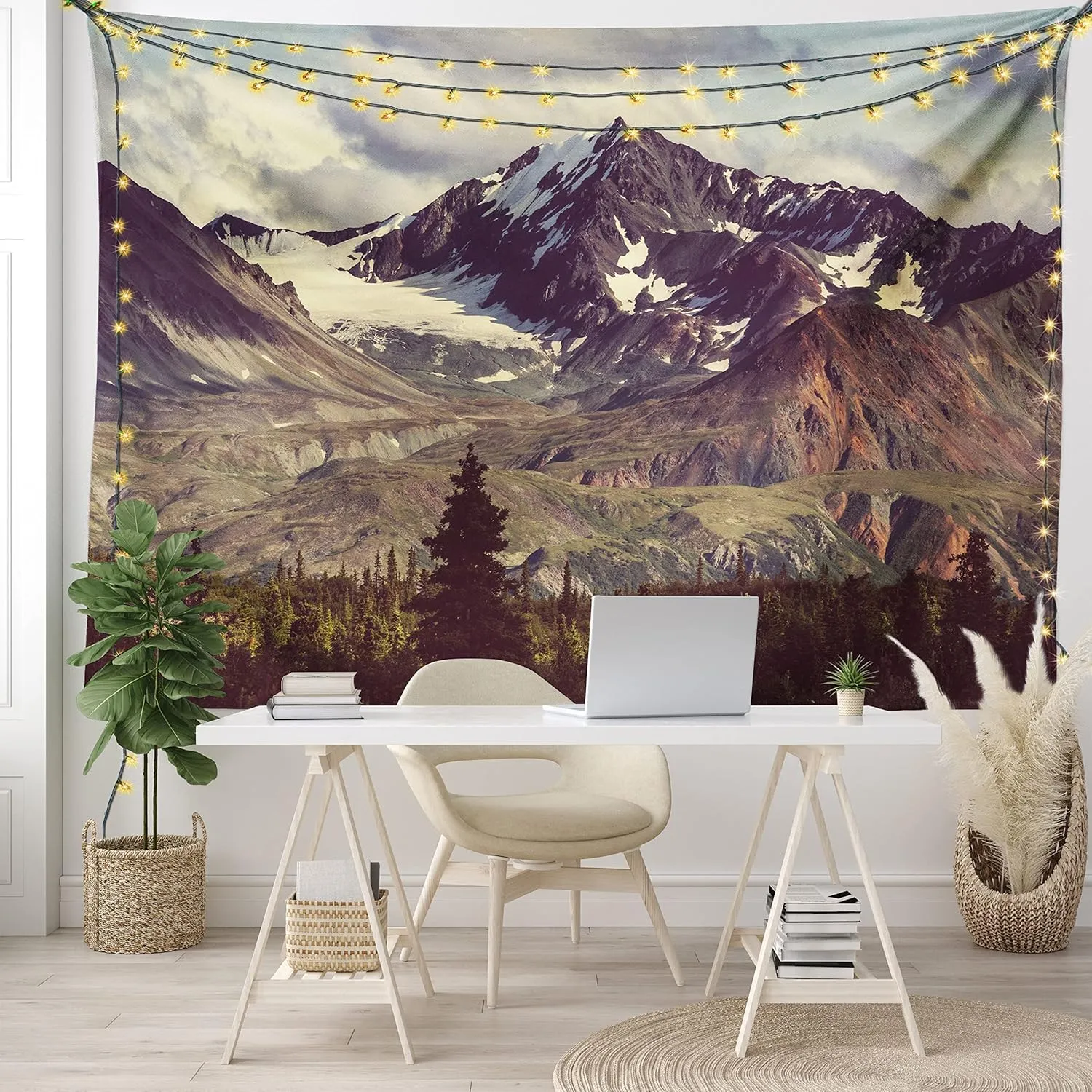 Ambesonne Alaska Mountains Tapestry King Size, Arctic Landscape Hiking Alaska Mountains Scenery in Usa Wilderness, Wall Hanging Bedspread Bed Cover Wall Decor, 104" X 88", Green Black White