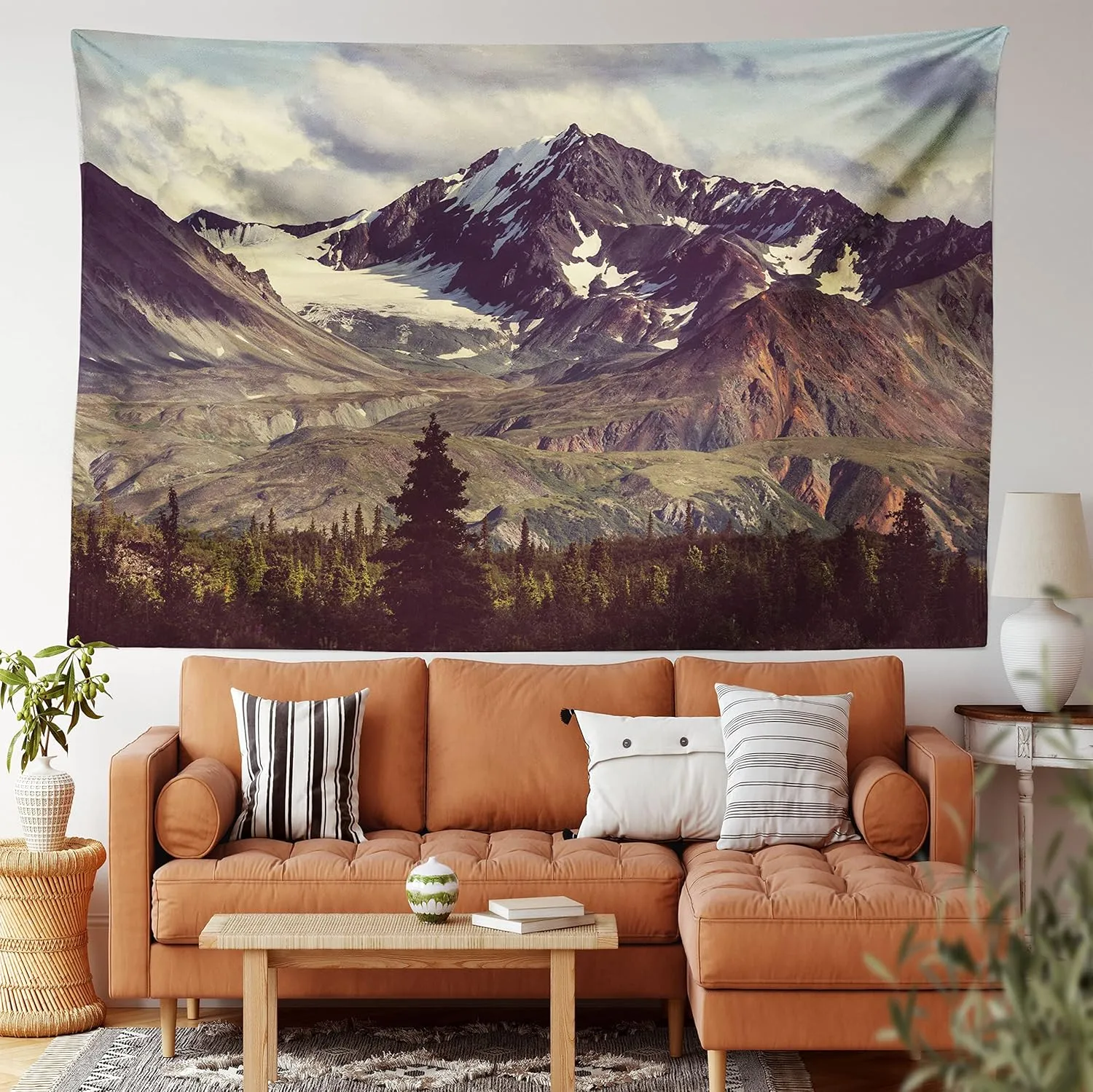 Ambesonne Alaska Mountains Tapestry King Size, Arctic Landscape Hiking Alaska Mountains Scenery in Usa Wilderness, Wall Hanging Bedspread Bed Cover Wall Decor, 104" X 88", Green Black White