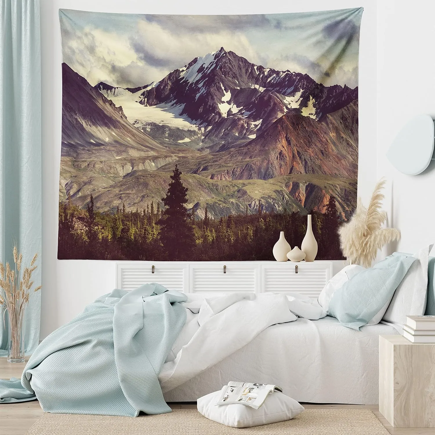 Ambesonne Alaska Mountains Tapestry King Size, Arctic Landscape Hiking Alaska Mountains Scenery in Usa Wilderness, Wall Hanging Bedspread Bed Cover Wall Decor, 104" X 88", Green Black White
