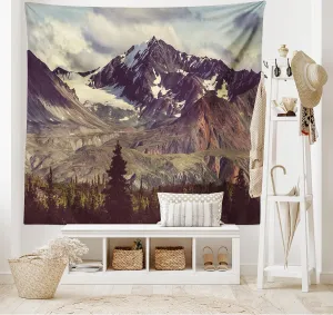 Ambesonne Alaska Mountains Tapestry King Size, Arctic Landscape Hiking Alaska Mountains Scenery in Usa Wilderness, Wall Hanging Bedspread Bed Cover Wall Decor, 104" X 88", Green Black White