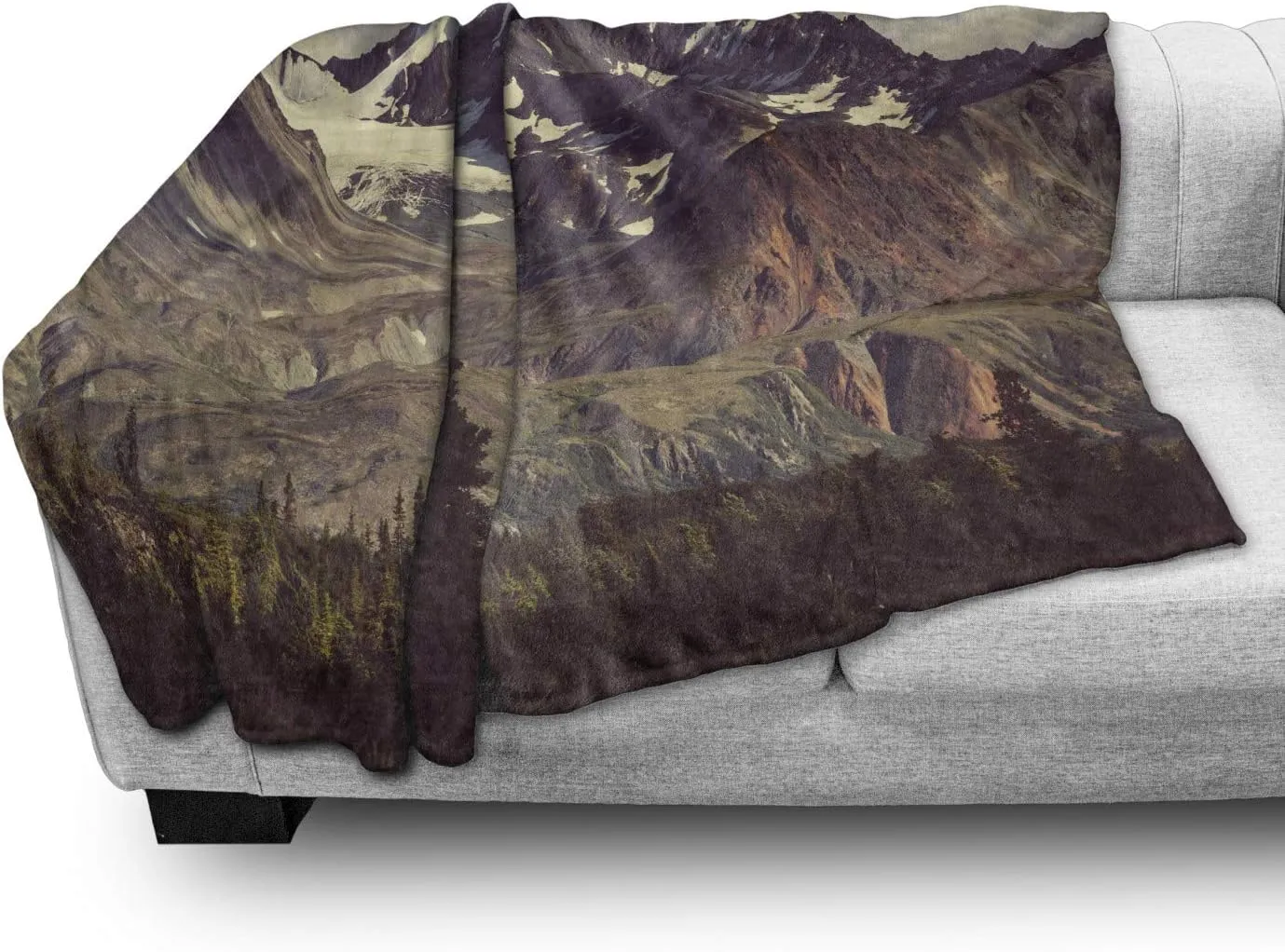 Ambesonne Alaska Mountains Throw Blanket, Arctic Landscape Hiking Alaska Mountains Scenery in USA Wilderness, Flannel Fleece Accent Piece Soft Couch Cover for Adults, 70" x 90", Green Black White
