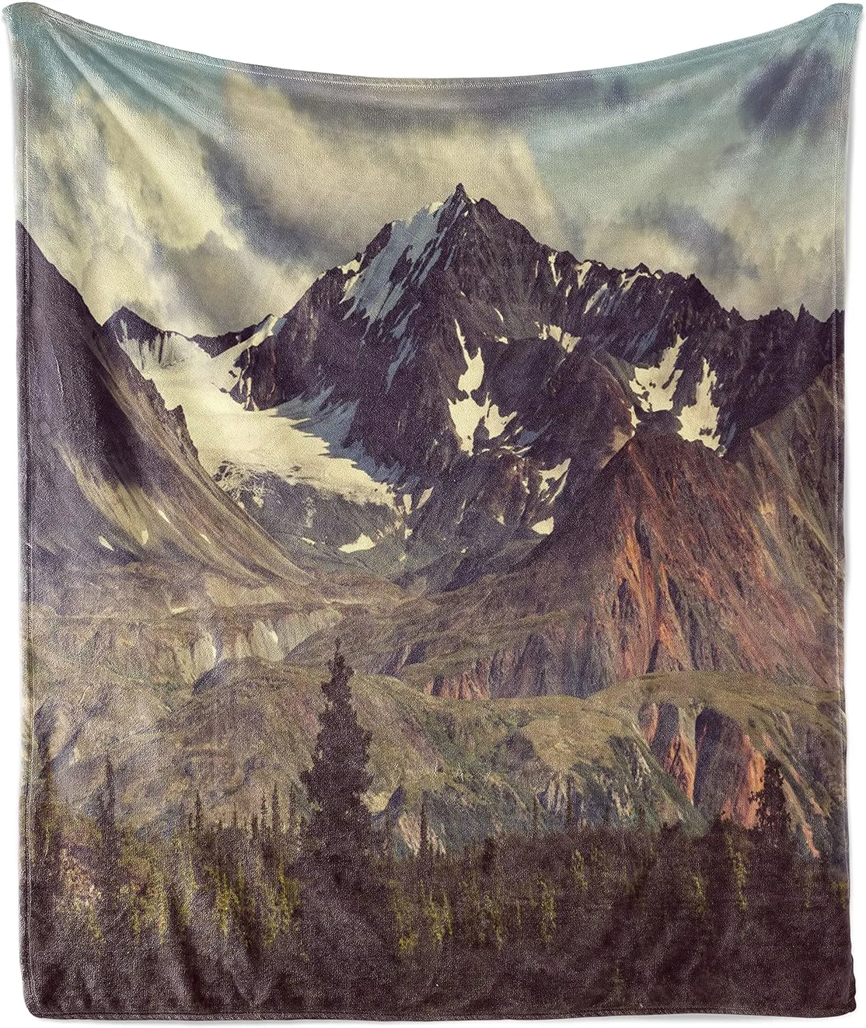 Ambesonne Alaska Mountains Throw Blanket, Arctic Landscape Hiking Alaska Mountains Scenery in USA Wilderness, Flannel Fleece Accent Piece Soft Couch Cover for Adults, 70" x 90", Green Black White