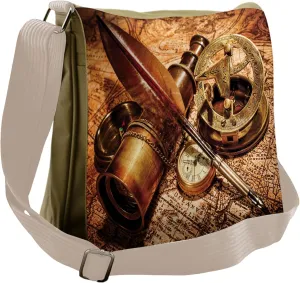 Ambesonne Brown Messenger Bag, Compass Goose Quill Pen, Unisex Cross-body