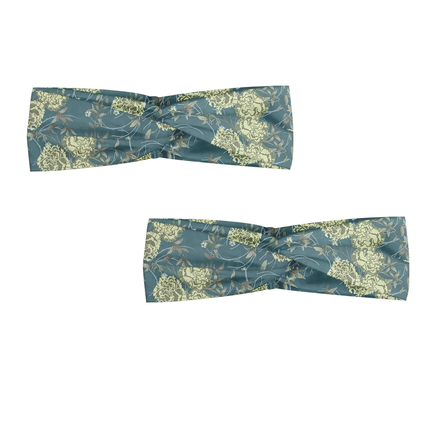 Ambesonne Carnation Headband Set of 2, Flower Bouquets Buds Twigs Swirly Branches Botanical Motif Art, Knotted Elastic Hair Band Accessory for Women Everyday Use, M-L, Cadet Blue and Pale Green