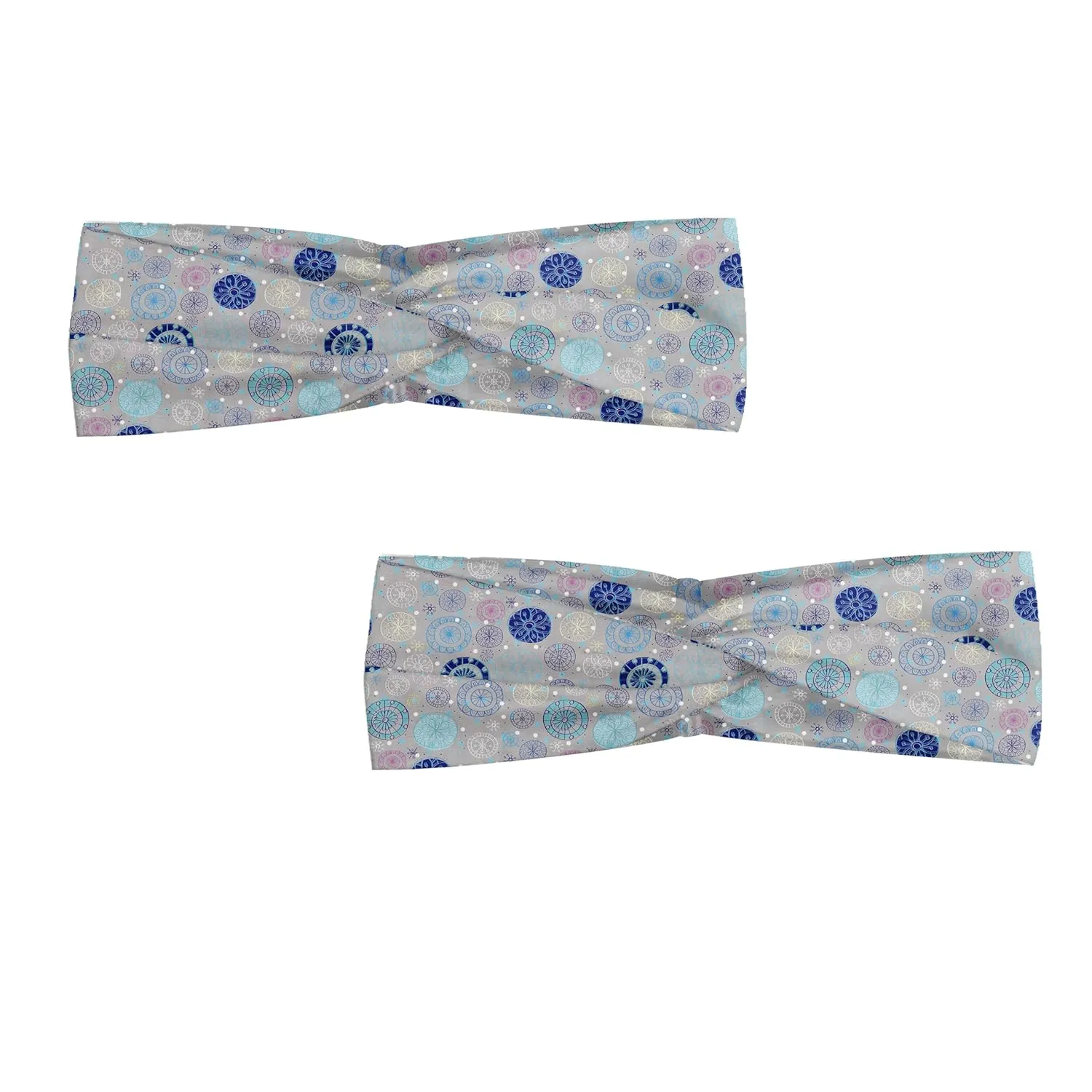 Ambesonne Cartoon Headband Set of 2, Abstract Snowflakes Pastel Background Winter Celebration Theme Christmas, Knotted Elastic Hair Band Accessory for Women Everyday Use, M-L, Beige Aqua Blue