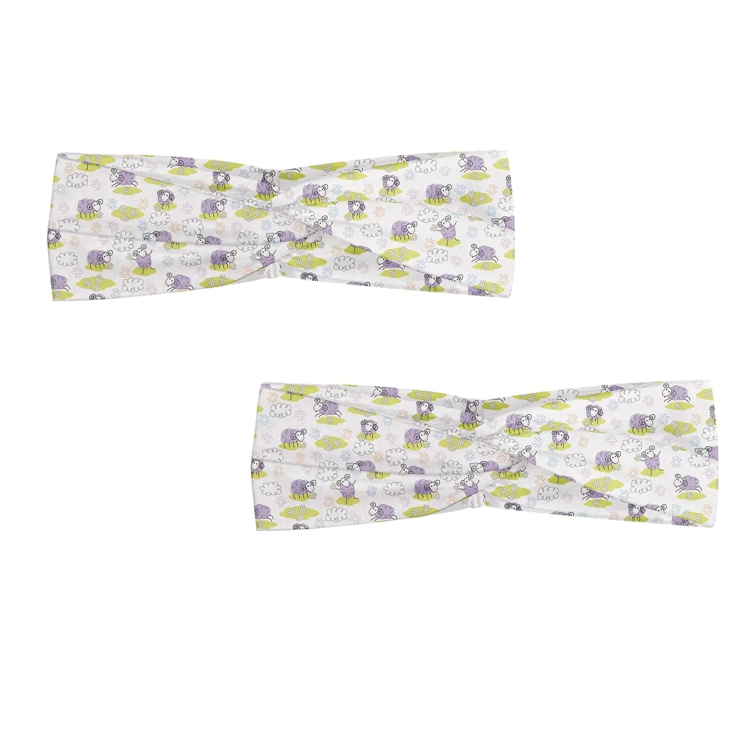 Ambesonne Cartoon Headband Set of 2, Sheep with Clouds Constructed out of Dots Happy Animals Friendly Print, Knotted Elastic Hair Band Accessory for Women Everyday Use, M-L, Lavender