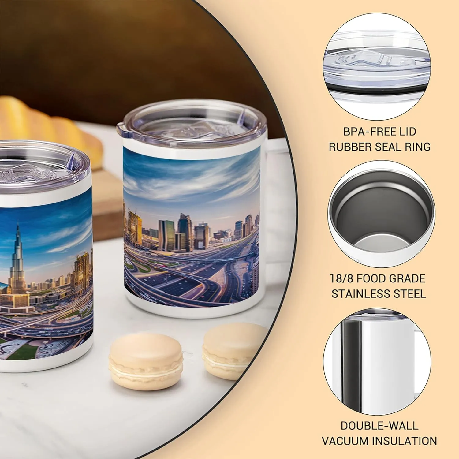 Ambesonne City 10 Oz Steel Mug, Panoramic View of Dubai Cityscape High Rise Buildings Traffic Roads, Vacuum Insulated Leak-resistant Cup for Outdoor Hiking and Picnics, Blue Ivory Marigold
