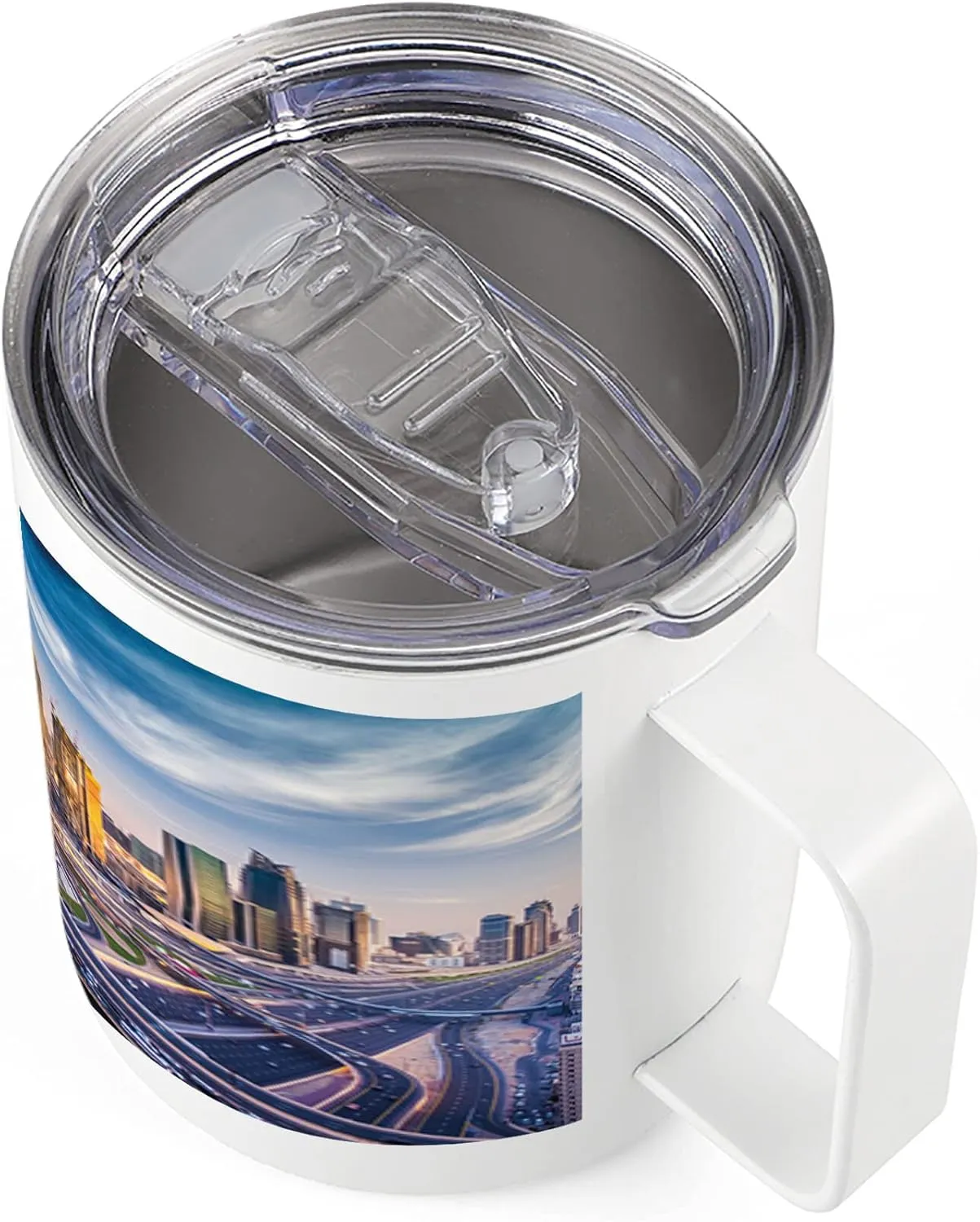 Ambesonne City 10 Oz Steel Mug, Panoramic View of Dubai Cityscape High Rise Buildings Traffic Roads, Vacuum Insulated Leak-resistant Cup for Outdoor Hiking and Picnics, Blue Ivory Marigold