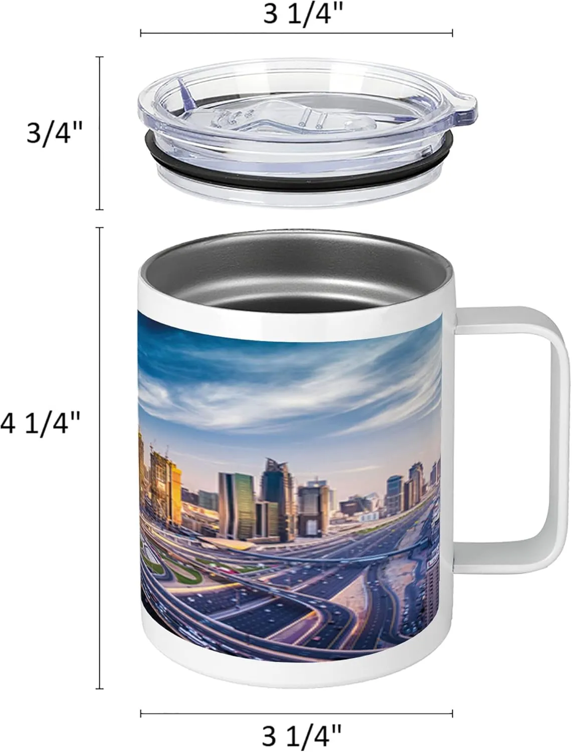 Ambesonne City 10 Oz Steel Mug, Panoramic View of Dubai Cityscape High Rise Buildings Traffic Roads, Vacuum Insulated Leak-resistant Cup for Outdoor Hiking and Picnics, Blue Ivory Marigold