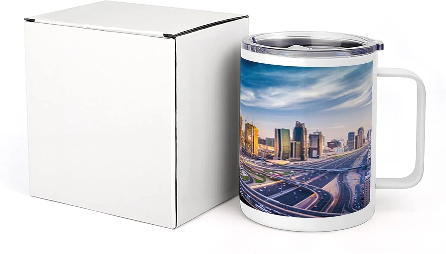 Ambesonne City 10 Oz Steel Mug, Panoramic View of Dubai Cityscape High Rise Buildings Traffic Roads, Vacuum Insulated Leak-resistant Cup for Outdoor Hiking and Picnics, Blue Ivory Marigold