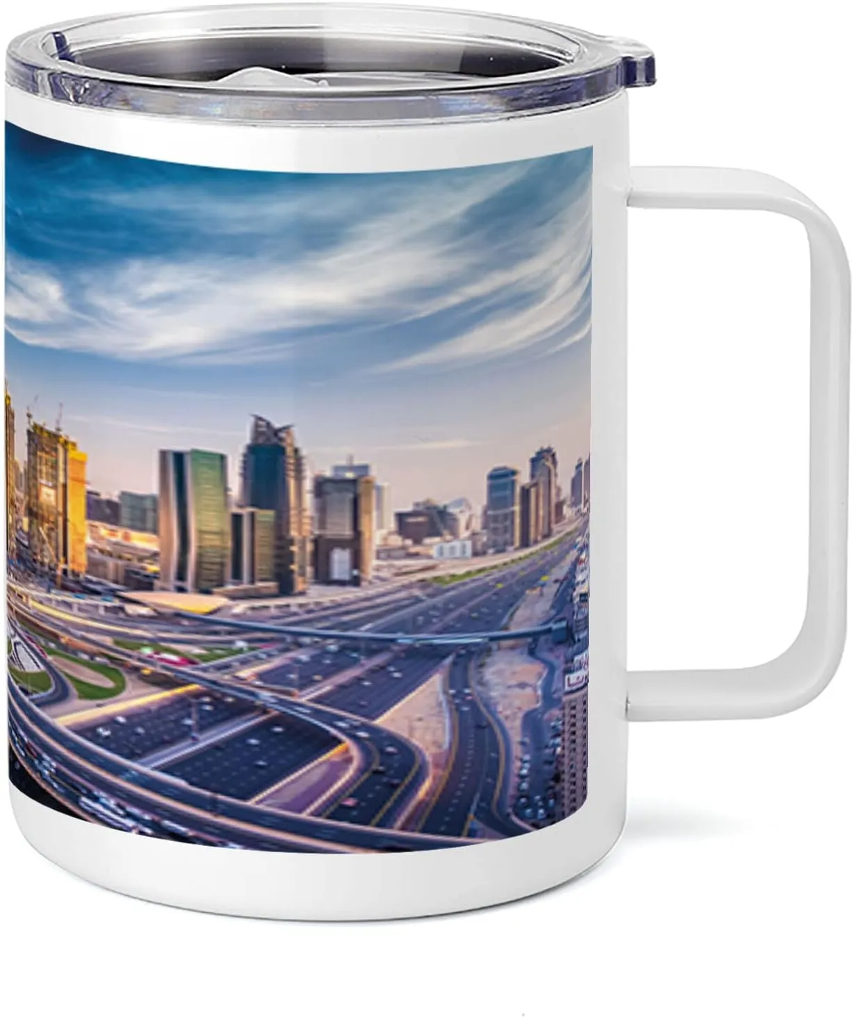 Ambesonne City 10 Oz Steel Mug, Panoramic View of Dubai Cityscape High Rise Buildings Traffic Roads, Vacuum Insulated Leak-resistant Cup for Outdoor Hiking and Picnics, Blue Ivory Marigold