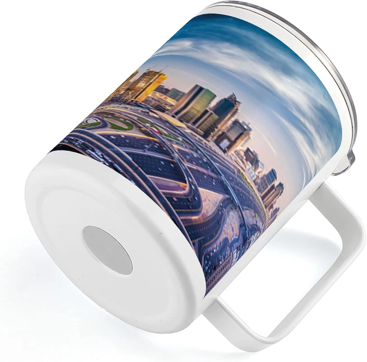 Ambesonne City 10 Oz Steel Mug, Panoramic View of Dubai Cityscape High Rise Buildings Traffic Roads, Vacuum Insulated Leak-resistant Cup for Outdoor Hiking and Picnics, Blue Ivory Marigold