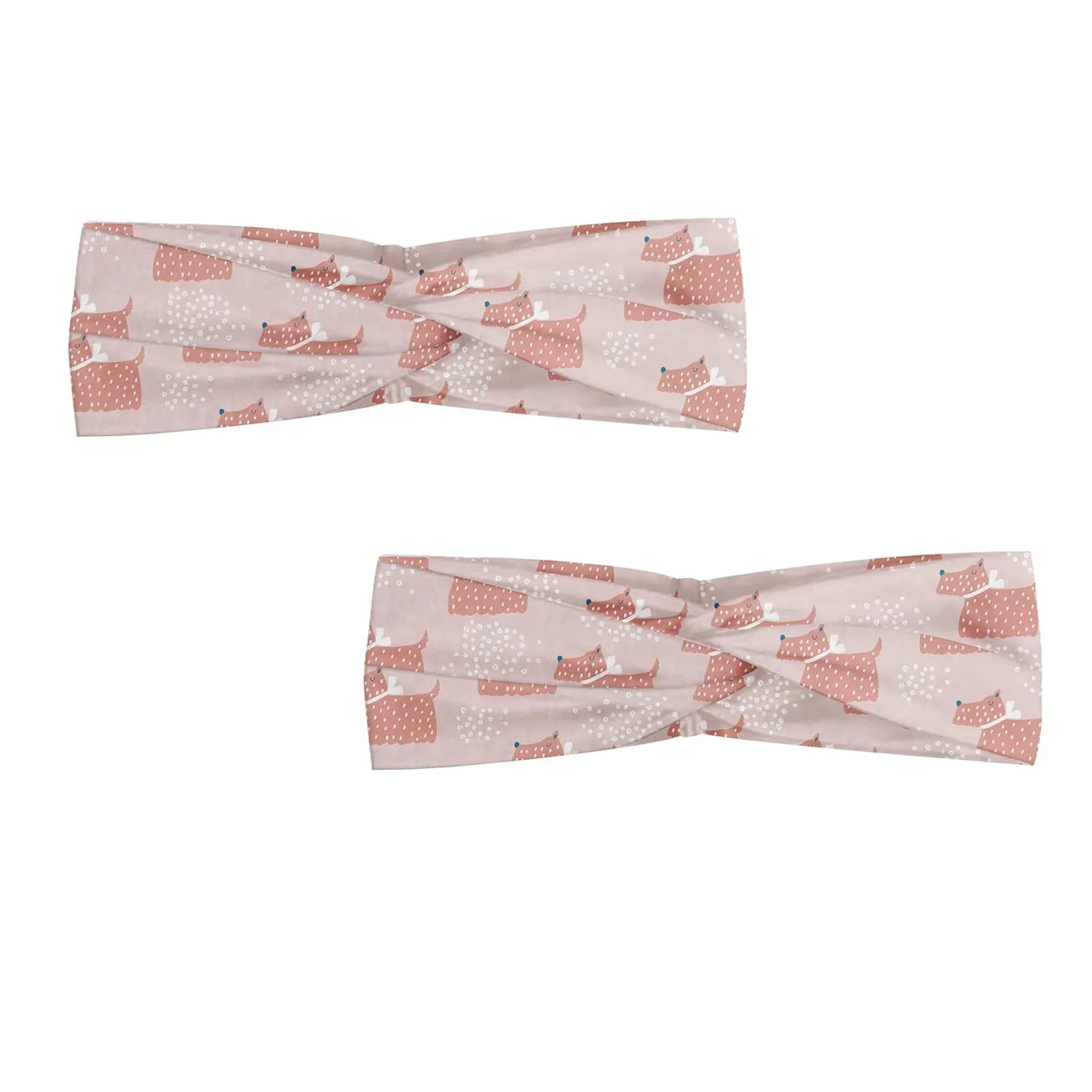 Ambesonne Dog Headband Set of 2, Scandinavian Pattern with Abstract Puppy Dogs with Scribbled Circles, Knotted Elastic Hair Band Accessory for Women Everyday Use, M-L, Dark Salmon White