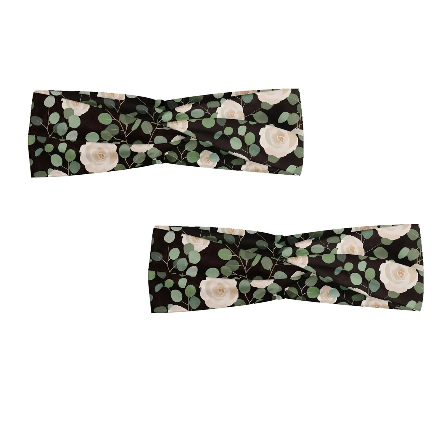 Ambesonne Eucalyptus Headband Set of 2, Top View Composition of Roses and Leaf Motifs Floral Ornaments, Knotted Elastic Hair Band Accessory for Women Everyday Use, M-L, Dark Grey Green Champagne