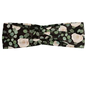 Ambesonne Eucalyptus Headband Set of 2, Top View Composition of Roses and Leaf Motifs Floral Ornaments, Knotted Elastic Hair Band Accessory for Women Everyday Use, M-L, Dark Grey Green Champagne