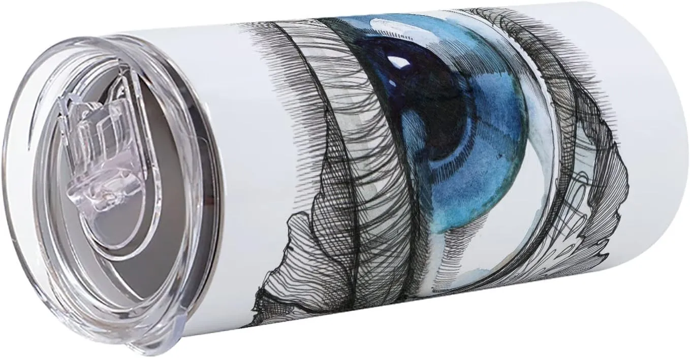 Ambesonne Eye 12 Oz Skinny Tumbler, Abstract Human Eye with Butterfly Eyelashes Painting Style Dreamy Female Look, Vacuum Insulated Travel Canteen Cup Leakproof for Travel Picnic, Black White Blue