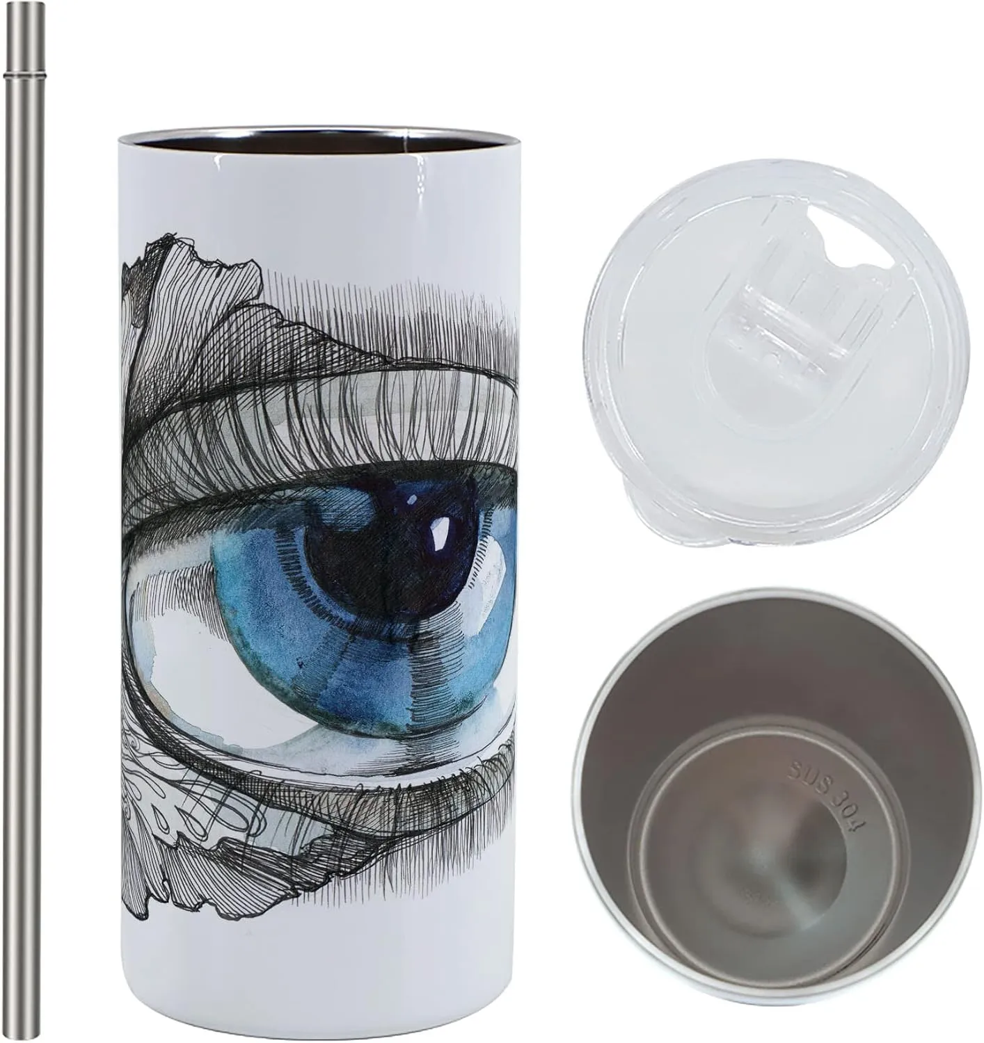 Ambesonne Eye 12 Oz Skinny Tumbler, Abstract Human Eye with Butterfly Eyelashes Painting Style Dreamy Female Look, Vacuum Insulated Travel Canteen Cup Leakproof for Travel Picnic, Black White Blue