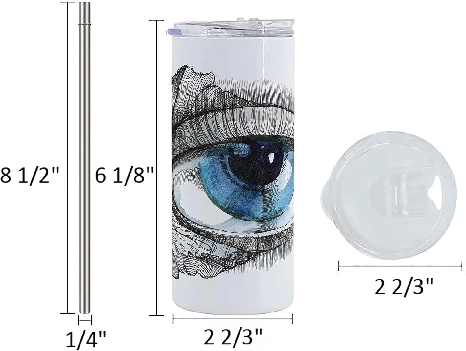 Ambesonne Eye 12 Oz Skinny Tumbler, Abstract Human Eye with Butterfly Eyelashes Painting Style Dreamy Female Look, Vacuum Insulated Travel Canteen Cup Leakproof for Travel Picnic, Black White Blue