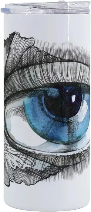 Ambesonne Eye 12 Oz Skinny Tumbler, Abstract Human Eye with Butterfly Eyelashes Painting Style Dreamy Female Look, Vacuum Insulated Travel Canteen Cup Leakproof for Travel Picnic, Black White Blue