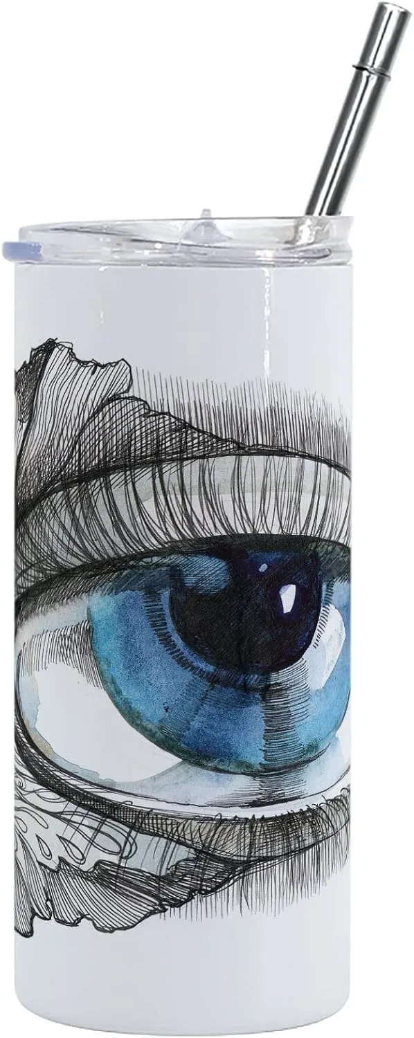 Ambesonne Eye 12 Oz Skinny Tumbler, Abstract Human Eye with Butterfly Eyelashes Painting Style Dreamy Female Look, Vacuum Insulated Travel Canteen Cup Leakproof for Travel Picnic, Black White Blue