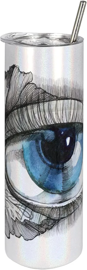 Ambesonne Eye 20 Oz Skinny Tumbler, Abstract Human Eye with Butterfly Eyelashes Painting Style Dreamy Female Look, Leak-Proof Straw Lid and Brush Vacuum Insulated for Outdoor Use, Black White Blue