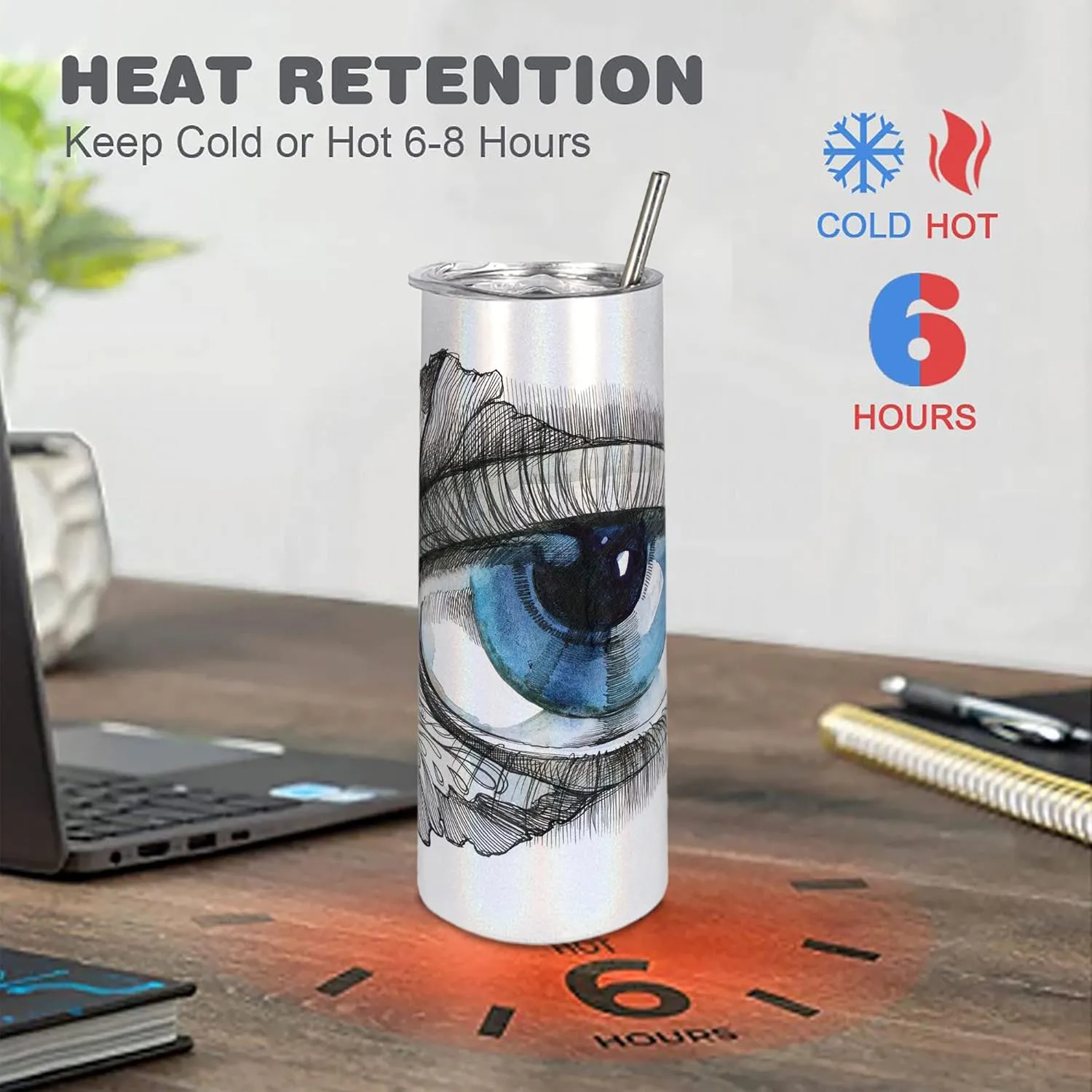 Ambesonne Eye 20 Oz Skinny Tumbler, Abstract Human Eye with Butterfly Eyelashes Painting Style Dreamy Female Look, Leak-Proof Straw Lid and Brush Vacuum Insulated for Outdoor Use, Black White Blue