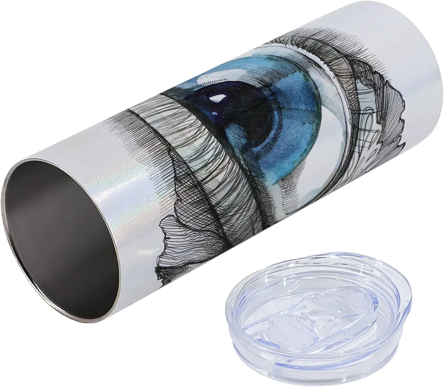Ambesonne Eye 20 Oz Skinny Tumbler, Abstract Human Eye with Butterfly Eyelashes Painting Style Dreamy Female Look, Leak-Proof Straw Lid and Brush Vacuum Insulated for Outdoor Use, Black White Blue