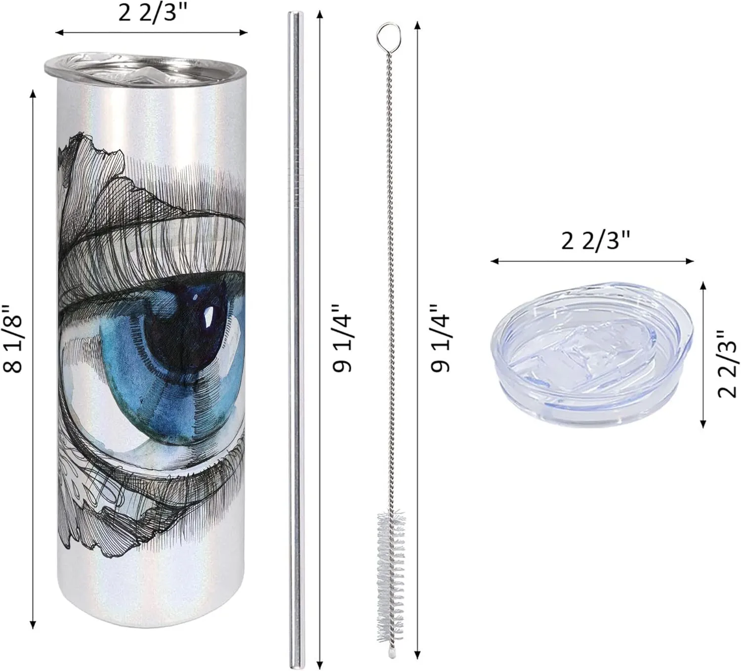 Ambesonne Eye 20 Oz Skinny Tumbler, Abstract Human Eye with Butterfly Eyelashes Painting Style Dreamy Female Look, Leak-Proof Straw Lid and Brush Vacuum Insulated for Outdoor Use, Black White Blue
