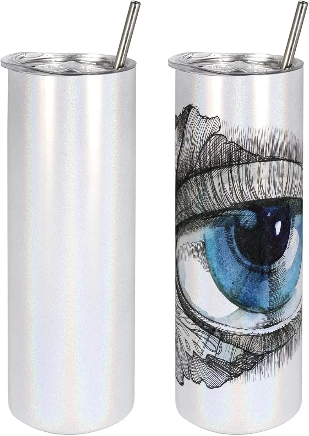 Ambesonne Eye 20 Oz Skinny Tumbler, Abstract Human Eye with Butterfly Eyelashes Painting Style Dreamy Female Look, Leak-Proof Straw Lid and Brush Vacuum Insulated for Outdoor Use, Black White Blue