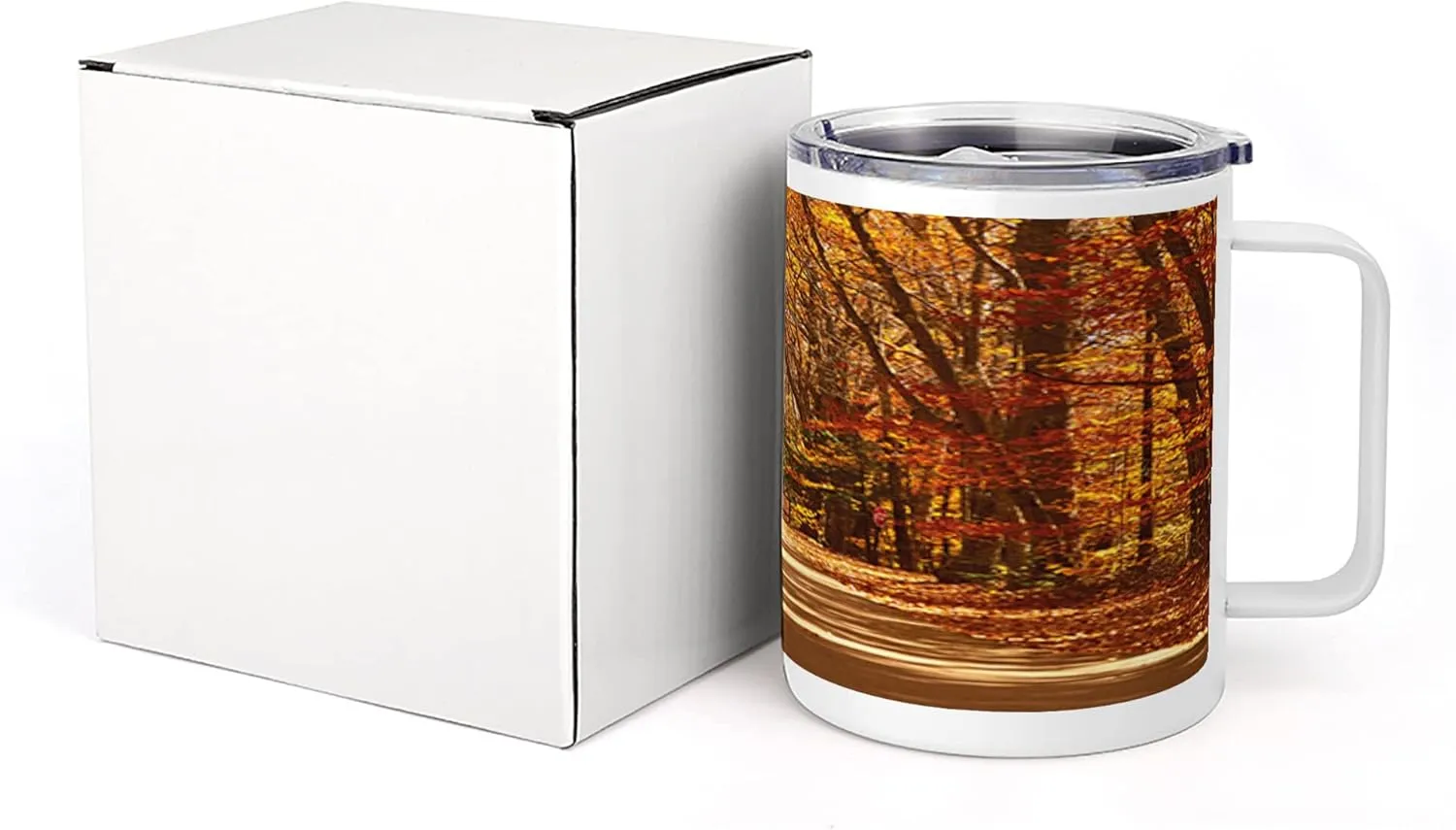Ambesonne Fall 10 Oz Steel Mug, Scenic View Outdoors Empty Roadway Surrounded with Deciduous Trees Image, Vacuum Insulated Leak-resistant Cup for Outdoor Hiking and Picnics, Redwood Yellow Orange