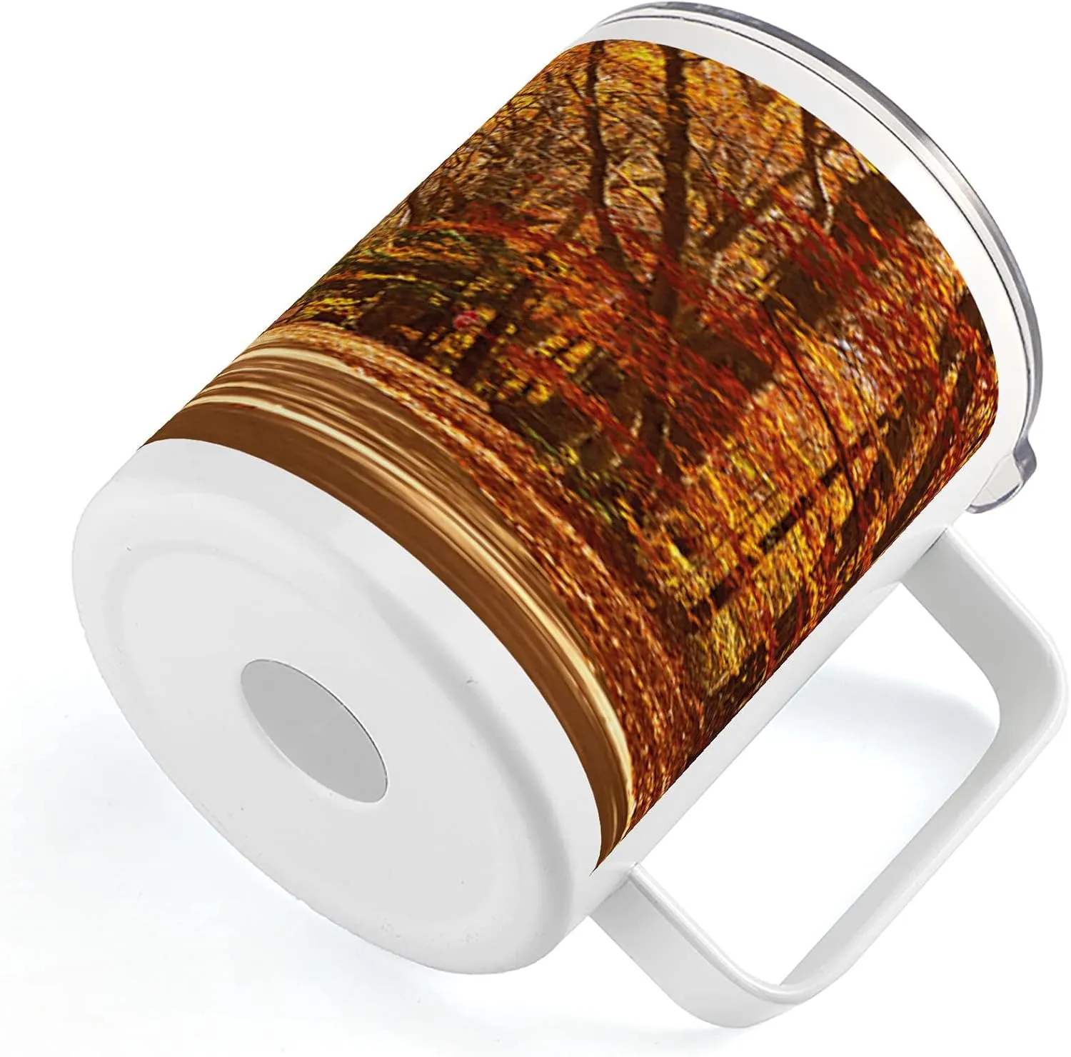Ambesonne Fall 10 Oz Steel Mug, Scenic View Outdoors Empty Roadway Surrounded with Deciduous Trees Image, Vacuum Insulated Leak-resistant Cup for Outdoor Hiking and Picnics, Redwood Yellow Orange