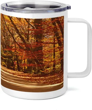 Ambesonne Fall 10 Oz Steel Mug, Scenic View Outdoors Empty Roadway Surrounded with Deciduous Trees Image, Vacuum Insulated Leak-resistant Cup for Outdoor Hiking and Picnics, Redwood Yellow Orange