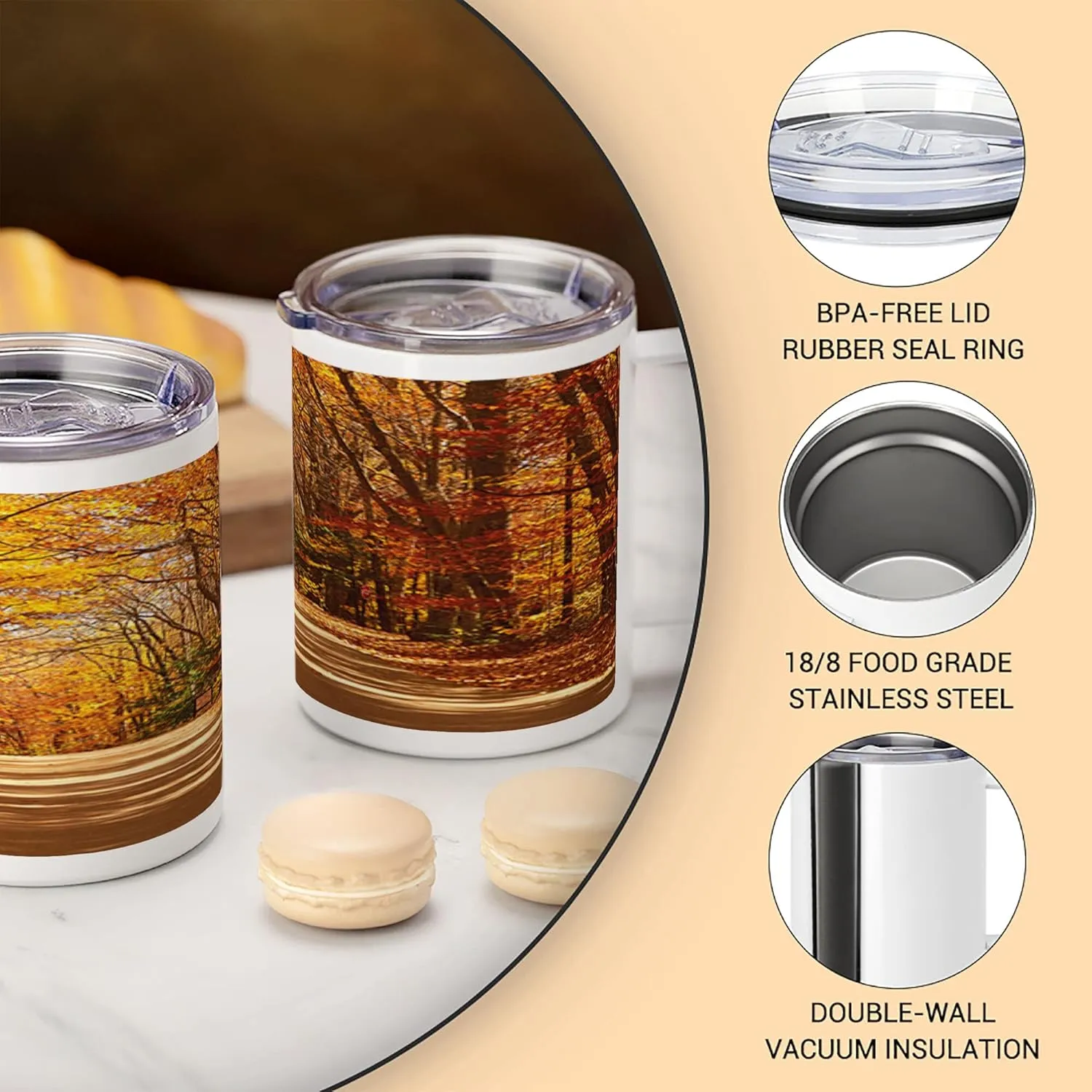 Ambesonne Fall 10 Oz Steel Mug, Scenic View Outdoors Empty Roadway Surrounded with Deciduous Trees Image, Vacuum Insulated Leak-resistant Cup for Outdoor Hiking and Picnics, Redwood Yellow Orange