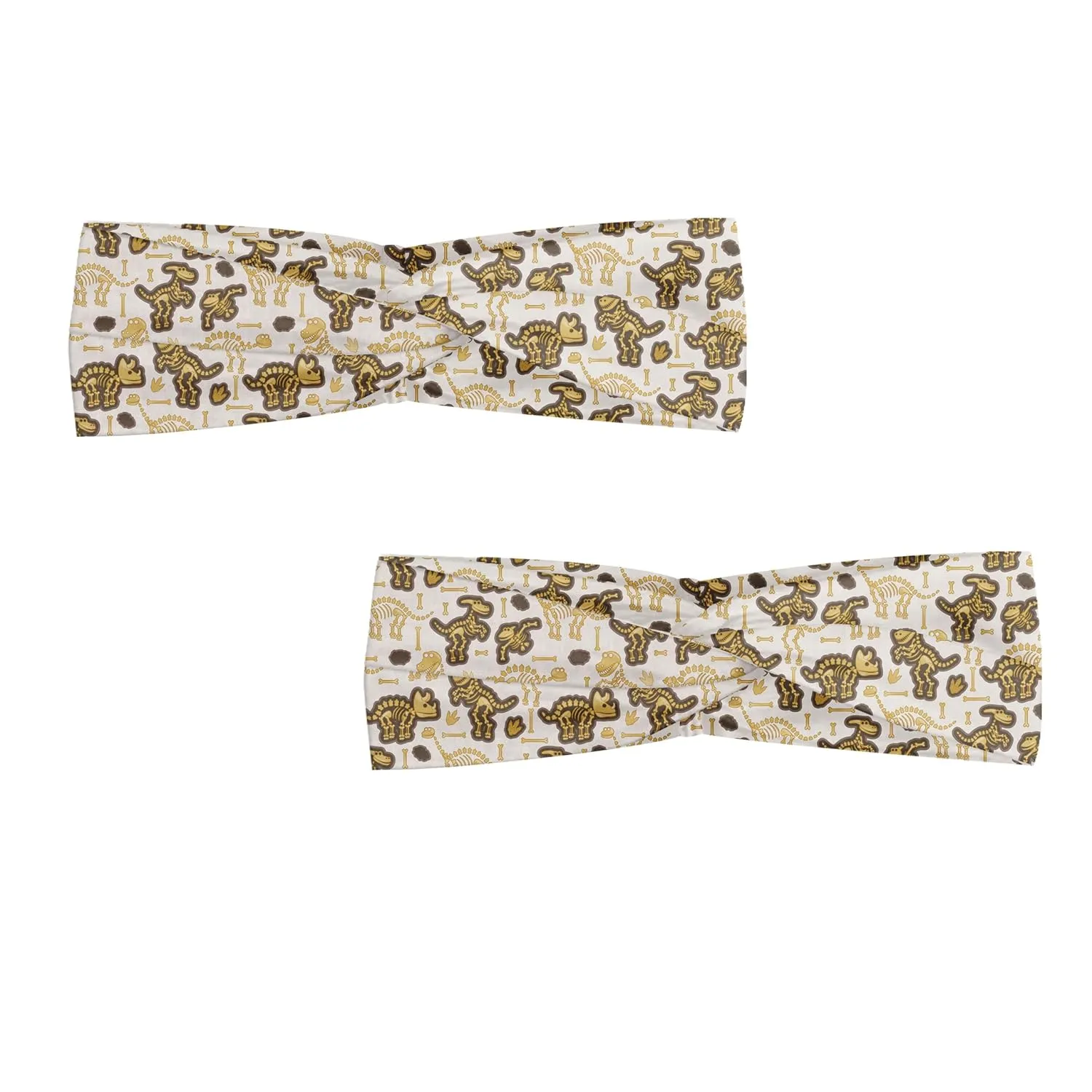 Ambesonne Halloween Headband Set of 2, Dinosaur Skeletons and Fossils Bones Scary Creature Archaeology, Knotted Elastic Hair Band Accessory for Women Everyday Use, M-L, Beige Brown White