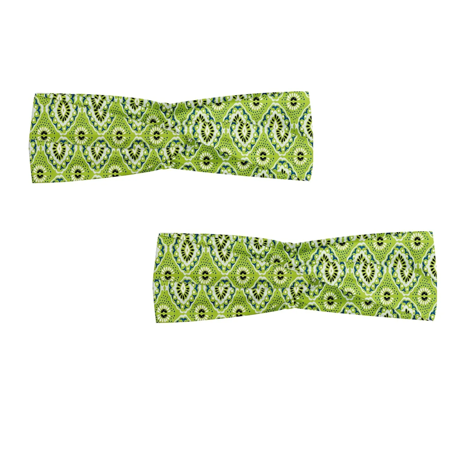 Ambesonne Ikat Headband Set of 2, Old Fashioned Gypsy Indonesian Pattern with Abstract Floral Motifs, Knotted Elastic Hair Band Accessory for Women Everyday Use, M-L, Apple Green Black