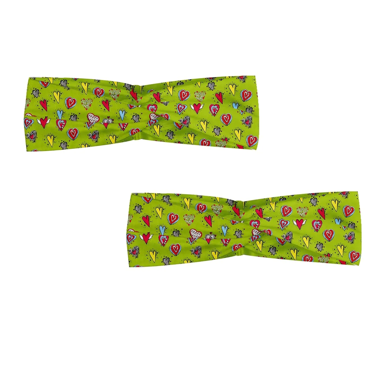 Ambesonne Love Headband Set of 2, Hand Drawn Hearts Sketch with Various Shapes and Sizes Love Affection, Knotted Elastic Hair Band Accessory for Women Everyday Use, M-L, Avocado Green and Red
