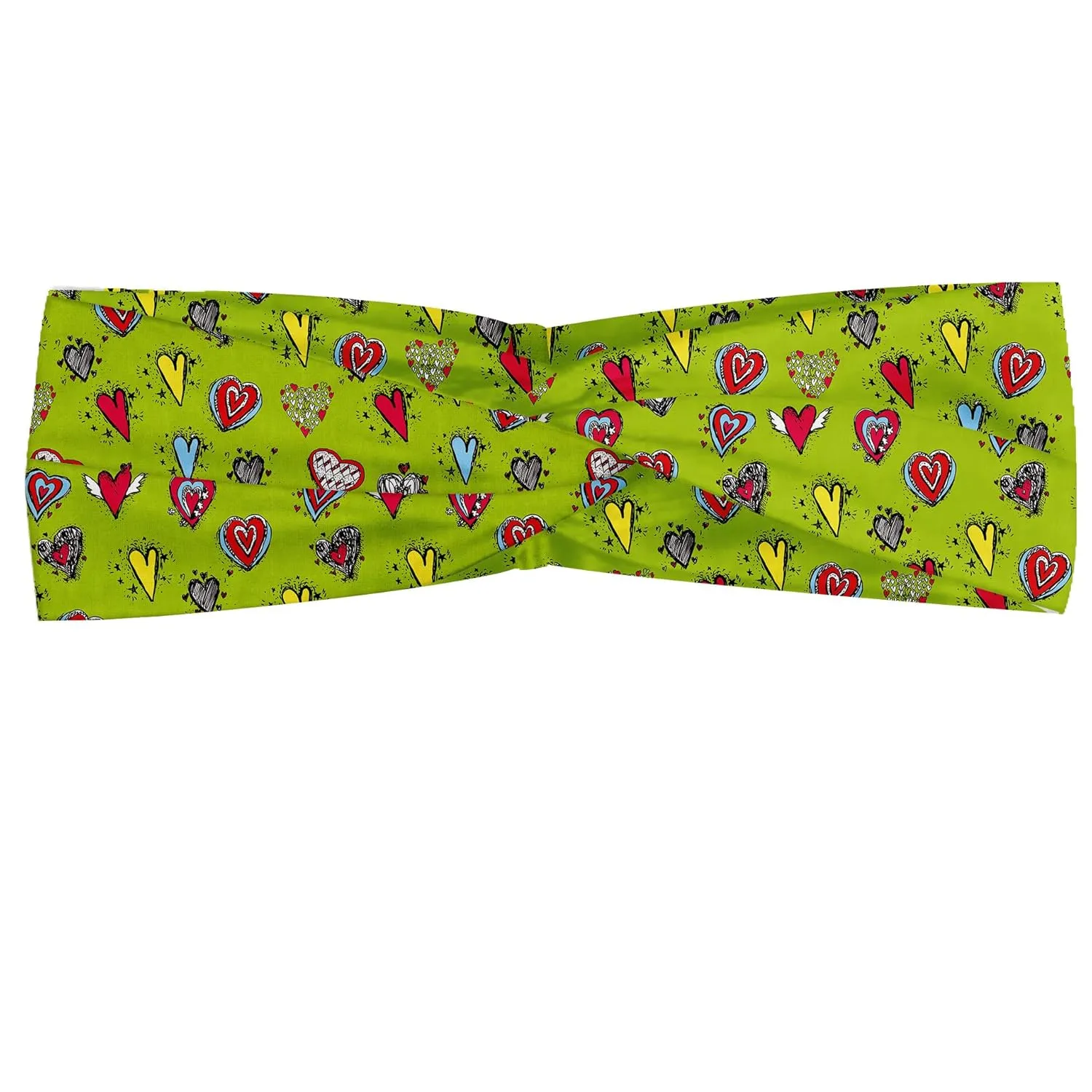 Ambesonne Love Headband Set of 2, Hand Drawn Hearts Sketch with Various Shapes and Sizes Love Affection, Knotted Elastic Hair Band Accessory for Women Everyday Use, M-L, Avocado Green and Red