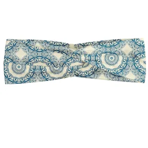 Ambesonne Moroccan Headband Set of 2, Circular Oriental Ornaments Repetitive Calming Motifs Print, Knotted Elastic Hair Band Accessory for Women Everyday Use, M-L, Cream and Dark Sky Blue