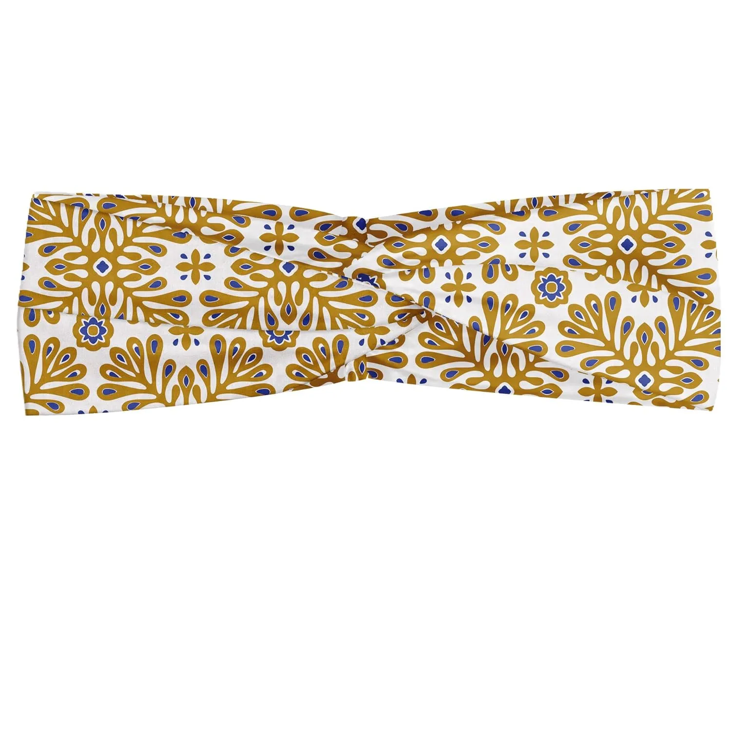 Ambesonne Moroccan Headband Set of 2, Repetitive Floral Inspired Tile Mosaic Traditional Pattern, Knotted Elastic Hair Band Accessory for Women Everyday Use, M-L, Ceil Blue Coffee