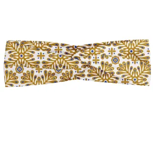Ambesonne Moroccan Headband Set of 2, Repetitive Floral Inspired Tile Mosaic Traditional Pattern, Knotted Elastic Hair Band Accessory for Women Everyday Use, M-L, Ceil Blue Coffee