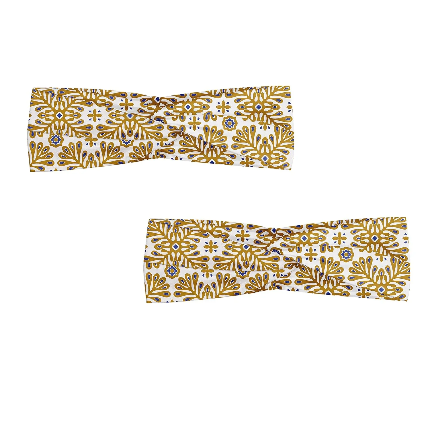 Ambesonne Moroccan Headband Set of 2, Repetitive Floral Inspired Tile Mosaic Traditional Pattern, Knotted Elastic Hair Band Accessory for Women Everyday Use, M-L, Ceil Blue Coffee