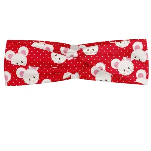 Ambesonne Mouse Headband Set of 2, Pattern with Cartoon Animal on Warm Polka Dots 's Layout, Knotted Elastic Hair Band Accessory for Women Everyday Use, M-L, Dark Pink and White