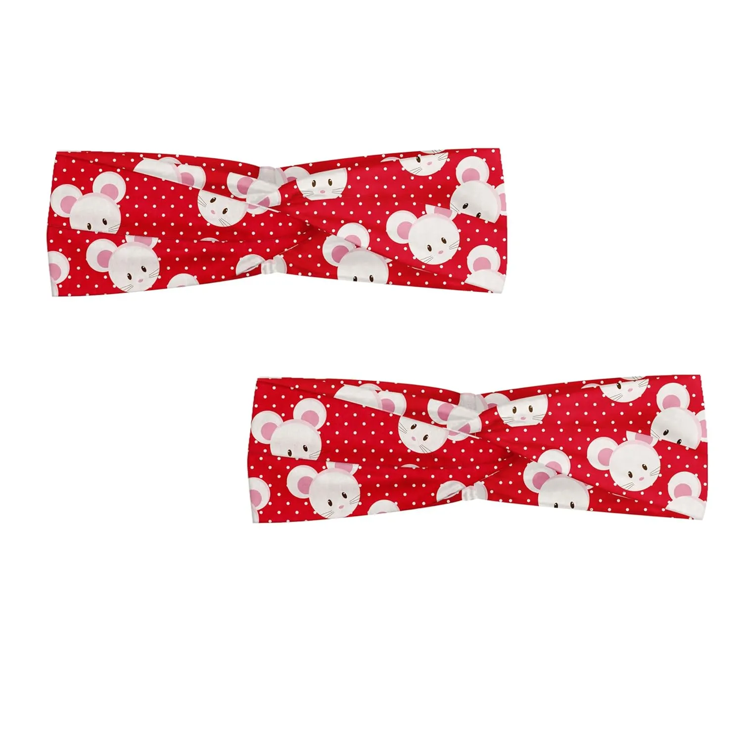Ambesonne Mouse Headband Set of 2, Pattern with Cartoon Animal on Warm Polka Dots 's Layout, Knotted Elastic Hair Band Accessory for Women Everyday Use, M-L, Dark Pink and White