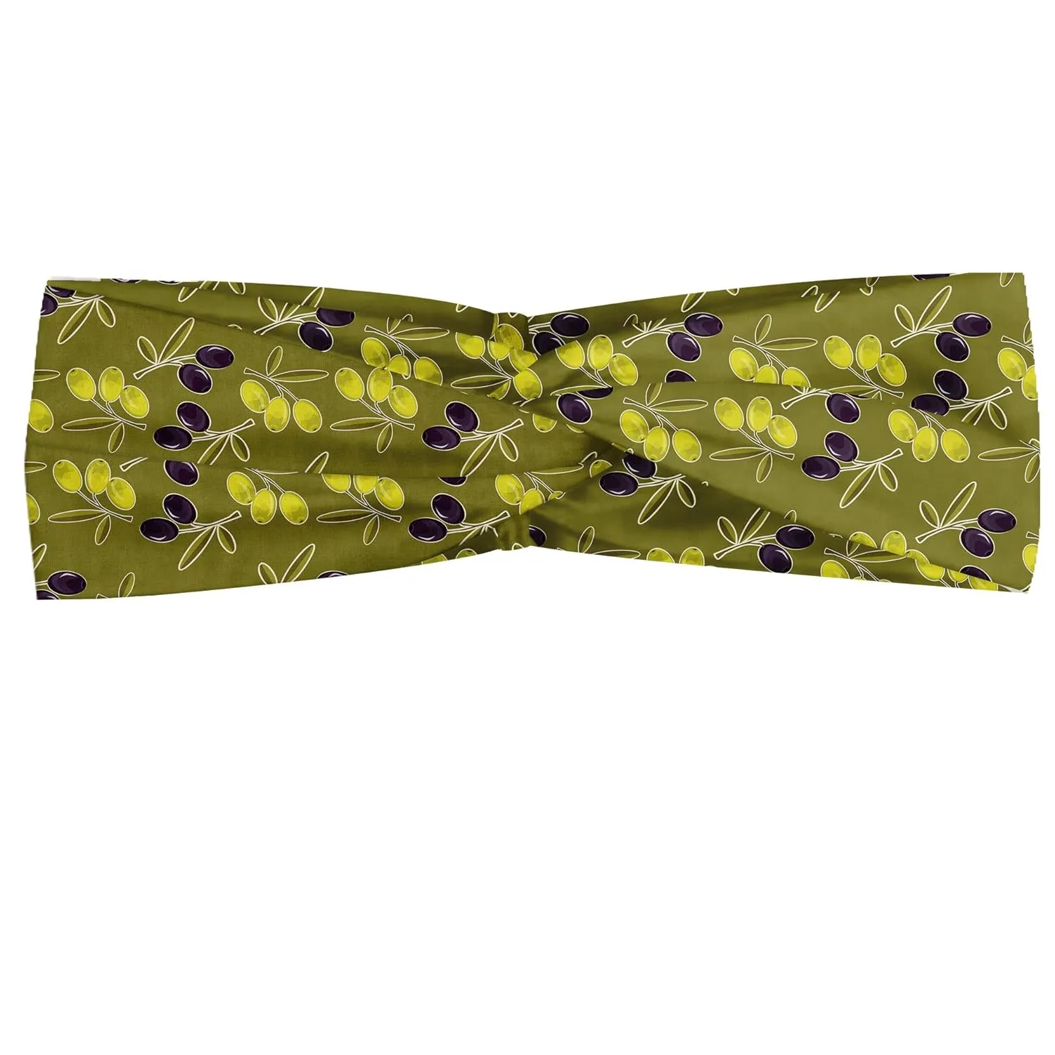 Ambesonne Olive Headband Set of 2, Repetitive Leaves and Branches in Nature Design Mediterranean Breezes Print, Knotted Elastic Hair Band Accessory for Women Everyday Use, M-L, Fawn and Dark Purple