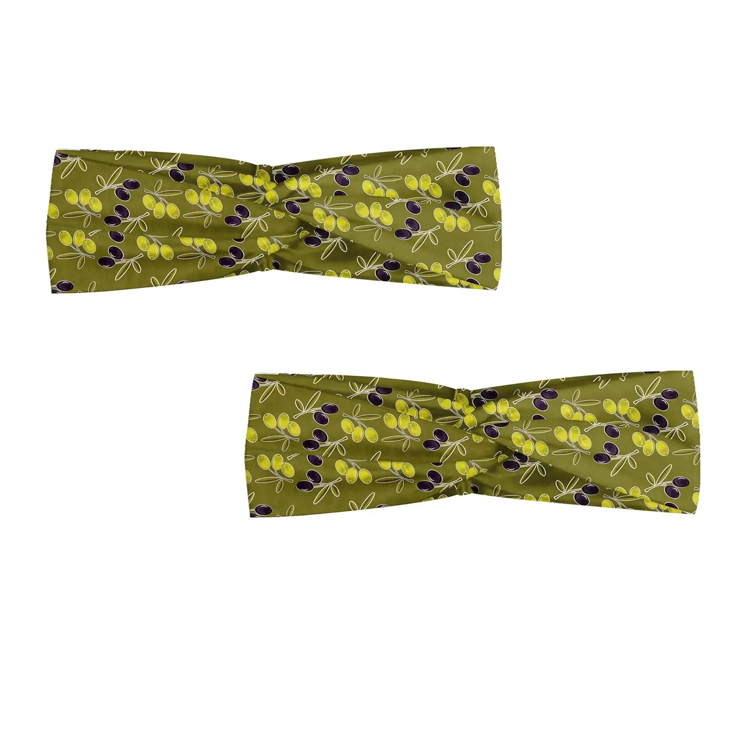Ambesonne Olive Headband Set of 2, Repetitive Leaves and Branches in Nature Design Mediterranean Breezes Print, Knotted Elastic Hair Band Accessory for Women Everyday Use, M-L, Fawn and Dark Purple
