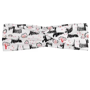 Ambesonne Scottie Dog Headband Set of 2, Hand-drawn Sketched and Scribbled Scotch Breeds Playing, Knotted Elastic Hair Band Accessory for Women Everyday Use, M-L, Dark Coral Charcoal Grey