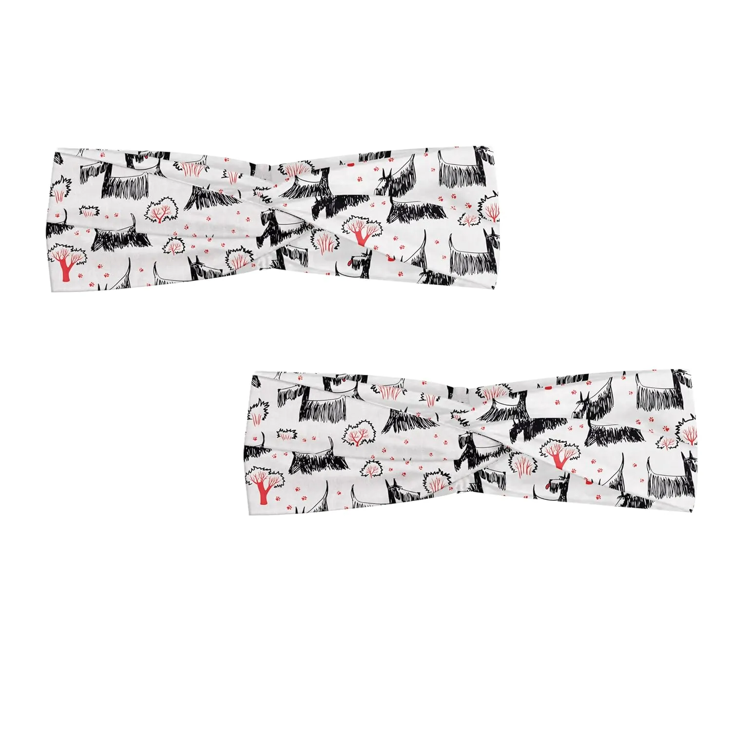 Ambesonne Scottie Dog Headband Set of 2, Hand-drawn Sketched and Scribbled Scotch Breeds Playing, Knotted Elastic Hair Band Accessory for Women Everyday Use, M-L, Dark Coral Charcoal Grey
