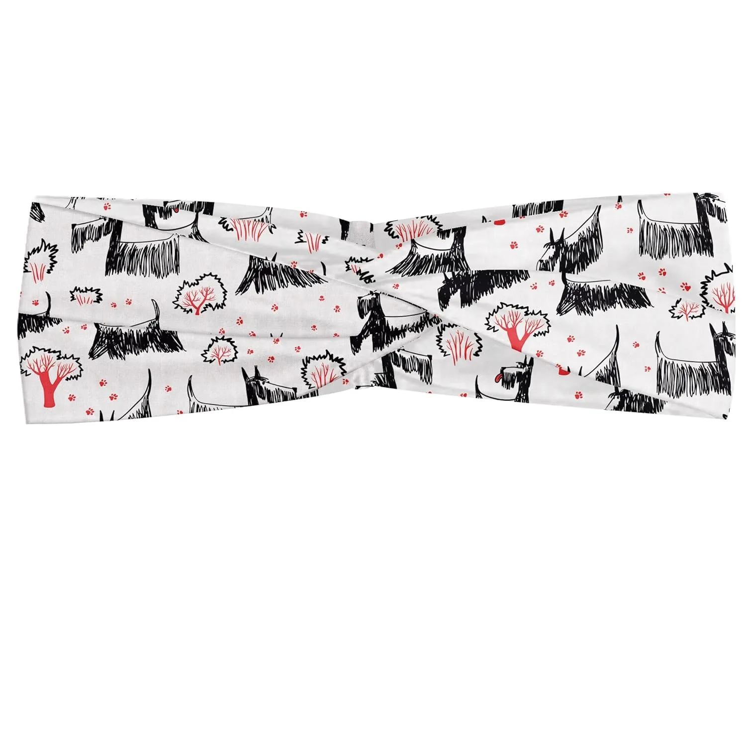 Ambesonne Scottie Dog Headband Set of 2, Hand-drawn Sketched and Scribbled Scotch Breeds Playing, Knotted Elastic Hair Band Accessory for Women Everyday Use, M-L, Dark Coral Charcoal Grey