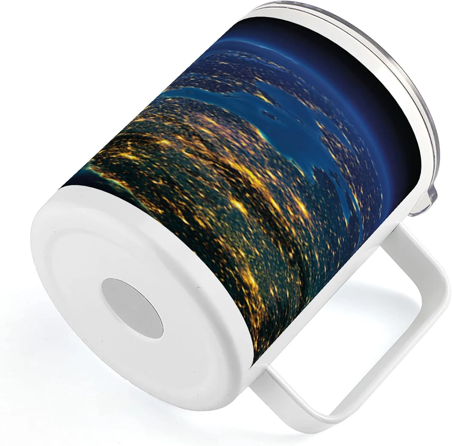 Ambesonne World 10 Oz Steel Mug, Continent of Central Europe Night Time View from Outer Space Vivid Planet, Vacuum Insulated Leak-resistant Cup for Outdoor Hiking and Picnics, Blue Yellow Emerald